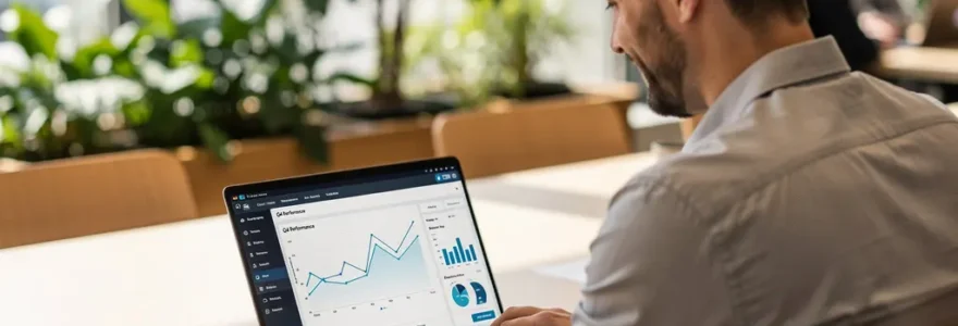 Professionnel analysant des données SEO sur écran dans espace de coworking moderne